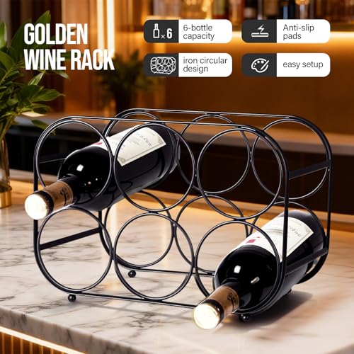 Countertop Wine Rack - 6 Bottle Freestanding Modern Black Metal Small Wine Rack - Tabletop Wine Holder Stand for Cabinet, Pantry, Wine Bottle Storage - view 4