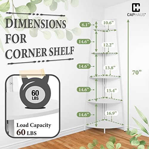 5-Tier Corner Shelf Stand, Tall Display Shelves, Ladder Corner Wood Storage Plant Bookshelf with Metal Frame, Versatile Shelving Unit Bookcase for Home Office Space, White - view 2