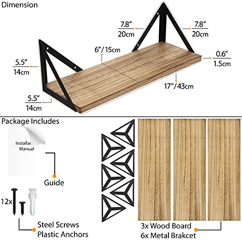 Minori Floating Shelves Set of 3, Small Bookshelf Unit for Living Room, Office, and Bedroom, Natural Burned Rustic Wood Wall Decor with Metal Floating Shelf Bracket 6D x 17W x 5.5H in - view 3