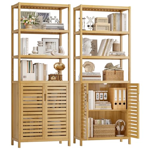 6-Tier Bamboo Book Shelves with 2 Door, Tall Bathroom Storage Cabinet