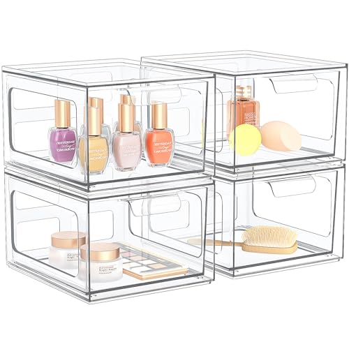 4 Pack Stackable Plastic Makeup Organizer Drawers, Acrylic Organizers, Clear Storage Bins with Pull-Out Handles for Vanity, Kitchen Cabinets, Pantry
