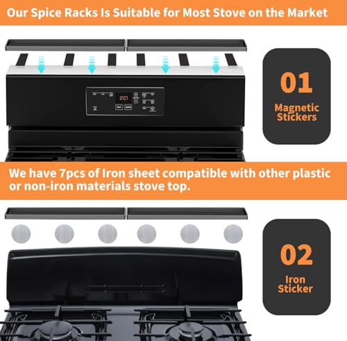 30" Magnetic Stove Top Shelf Spice Rack Storage, Silicone Top Heat Material Stove Rack Shelf Flexible Seasoning Organizer Kitchen Shelves Gadgets with 2 Functional Prtitions for Kitchen （Grey） - view 3