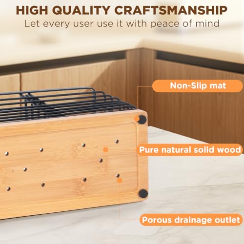 4 Compartments Extra Large Kitchen Utensil Holder with Wooden Base, Metal Organizer for Kitchen Countertop, Matte Black Cooking Utensils Holder with 4 Hooks for Tools Storage - view 6