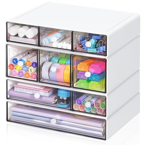 Desk Storage Organizer with 9 Drawers, 4 Tiers Stackable Desktop Craft Storage Drawers, Clear Storage Box Caddy for Stationary Makeup Jewelry Office Craft Supplies (White)