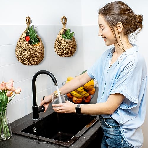 4 Pcs Small Hanging Fruit Baskets for Kitchen, Compact Boho Wall Organizer with 1 Three Tier Basket and 3 Teardrop Baskets with Hooks, Cotton Rope Storage for Garlic Onion Small Fruits(Brown) - view 5