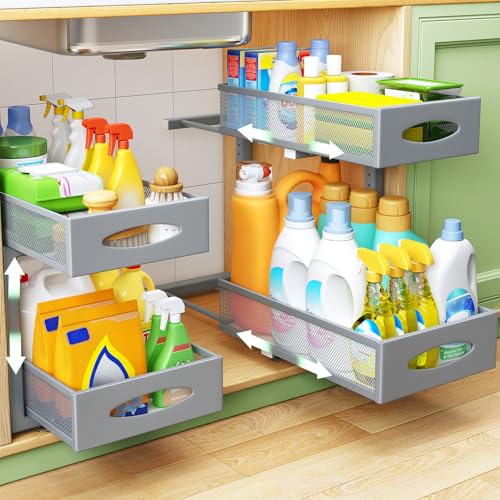 2 Pack Under Sink Organizer, 2 Tier Pull out Cabinet Organizer Mesh Baskets with 5 Adjustable Heights, Sliding Drawers Storage Shelf for Home, Kitchen, Bathroom, Pantry, Office, Countertop,Grey
