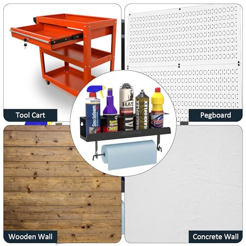 5 Aerosol Spray Can/Paper Towel Holder, Paint Bottle Storage Rack, Steel Wall Mount Shelf, Tool Organizer for Garage, Craft Workspace and Home - view 7