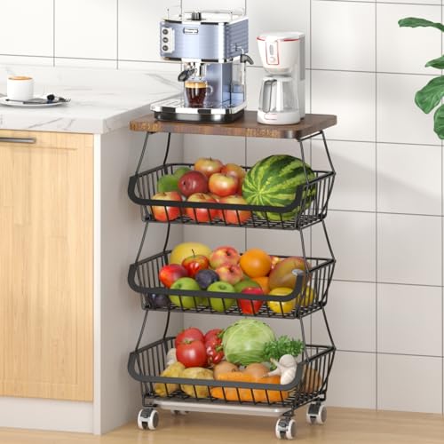 Fruit Basket with Wooden Lid for Kitchen, 4-Tier Stackable Wire Fruit Vegetable Storage Basket Organizer Stand on Wheel, Produce Basket Potato Onion Storage Bins Rack Cart for Pantry