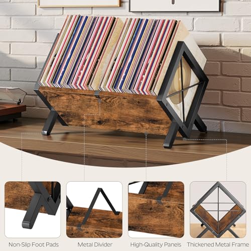 Vinyl Record Holder, Record Storage Rack Holds 80-100 LP，Wooden and Metal Record Organizer, Quick Assembly Magazine Holder for CDs, Magazine, Albums, Rustic Brown and Black CJ06BR - view 4