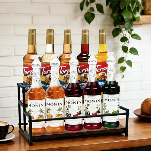 Coffee Syrup Rack Organizer, 2-Tier 10 Syrup Bottles Holder for Coffee Bar,Liquor Bottle Display Shelf,Wine Rack - Rustic Kitchen Cabinet for Spices, Jars - Stepped Pantry Shelf for Wine, Spice & Tea