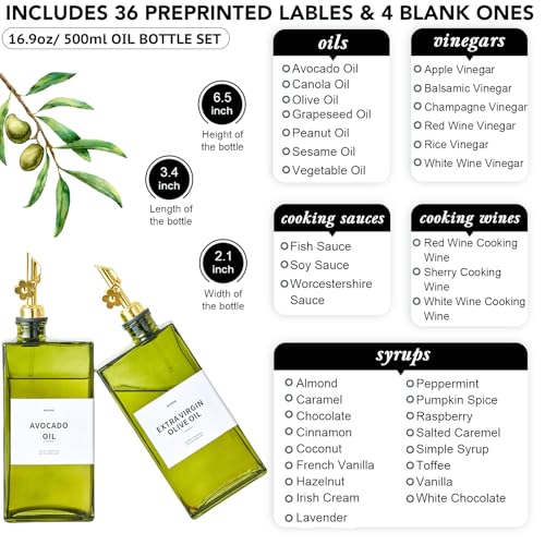Olive Oil Dispenser Bottle for Kitchen, 16.9oz /500ml Cooking Vinegar Dispenser Bottle Set, Glass Sauce Container, Labels, Brush, Funnel, Stoppers, Green for Oil, Wine - view 3