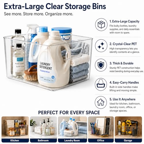 4 Pack Extra Large Clear Plastic Storage Bins 13x10x8in Organizers - view 4