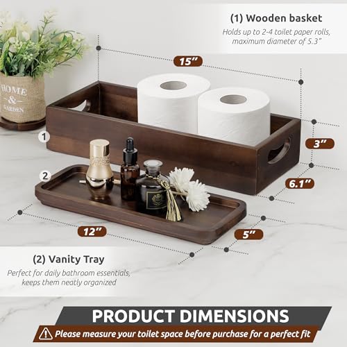 Toilet Tank Topper & Vanity Tray, Acacia Wood Decor Set, Dark Brown - view 2