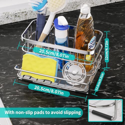 Kitchen Sink Organizer, SUS304 Stainless Steel Rustproof Multifunctional Large Sink Caddy with Sponge Holder and Drain Tray for Kitchen Countertop (Silver) - view 4