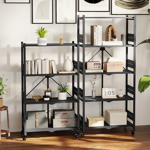 5-Tier Folding Shelf, No-Assembly Metal Storage Rack with Wheels, 750 lbs Capacity (with Leveling Feet), Collapsible Shelving Unit for Kitchen, Pantry, Bathroom & Closet Organization - view 2