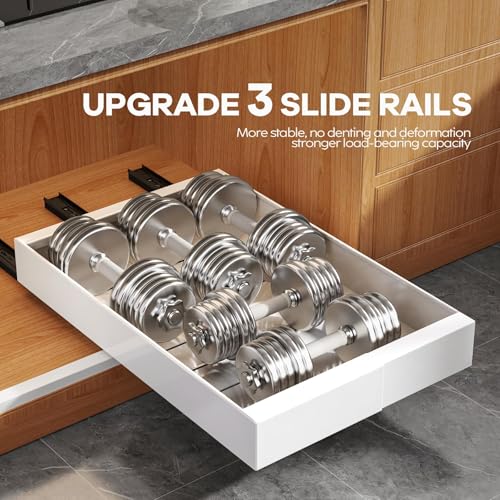 2 Pack Expandable (9"-14") Pull Out Cabinet Organizer 21" Deep With Raising Pad for Framed Cabinets,Upgrade 3 Slide Rails Slide Out Drawers,No Drill Roll Out Shelves Adhesive,White - view 5