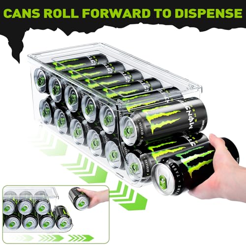 2 Pack Tall Skinny Can Organizer for Refrigerator, Stackable Large Soda Cans of 16oz & 17oz Beverage Energy Drink Container Holder Dispenser with Lid for Fridge, Clear Storage Plastic Bins - view 3
