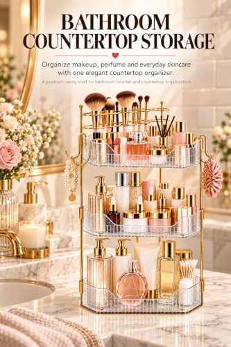 3-Tier Corner Makeup Organizer Countertop, Bathroom Counter Organizer with Removable Brush Holder, Upgraded Shrimmering Vanity Organizer & Shelf for Skincare, Perfume and Bathroom Storage - view 7