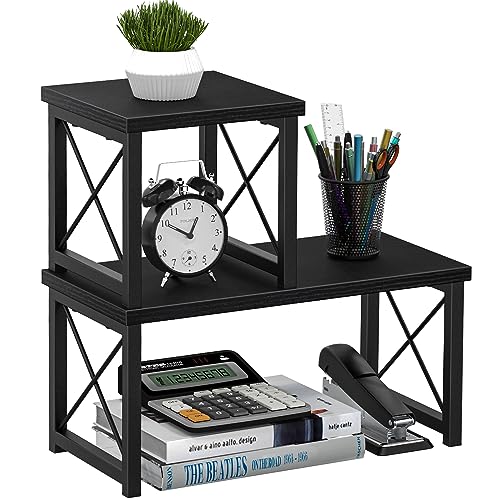 Desk Shelf Desktop Organizer 2 Tier Wood Small Bookshelf,Rustic Brown Freestanding Adjustable, Organizer, Stackable, Desk Stand, Storage Organizers, Kitchen Counter Display Rack