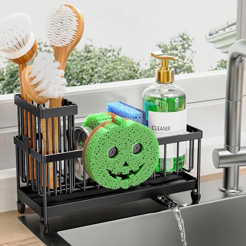 Sponge Holder for Kitchen Sink, Sink Caddy Organizer with High Brush Holder, Kitchen Countertop Organizers and Storage Essentials, Rustproof 304 Stainless Steel (Black with Smiley Face, 9.25″)