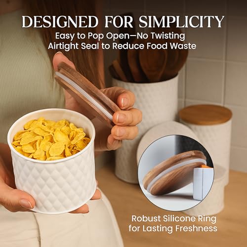 6 Canister Set for the Kitchen Countertop – Metal Food Storage Canisters with Airtight Lids for Flour, Tea, Crafts, Coffee, & Sugar – Container Set with Modern Wood Lids, White - view 4