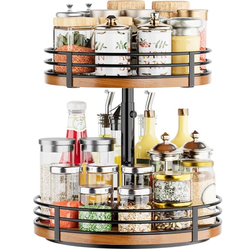 Lazy Susan Turntable Organizer Adjustable - 2 Tier Wood Rotating Spice Rack 12 Inch Lazy Susan for Kitchen Countertop Cabinet Pantry Cupboard Dining Table Bathroom Coffee Bar Home Storage
