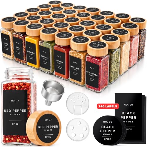 Glass Spice Jars with Label, 36x Bamboo Wooden Lids - Black Labels