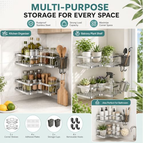 5 Pack Corner Shower Caddy, Adhesive Stainless Steel Shower Shelves - view 7