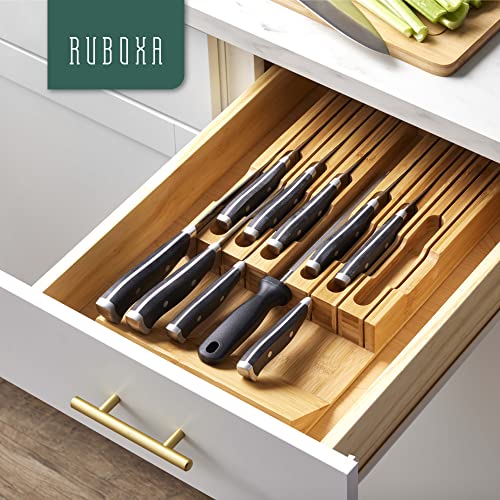 High-Grade 100% Bamboo Knife Drawer Organizer - 12 Slots Plus Sharpener, Secure, Practical, Eco-Friendly Knife Block - view 2