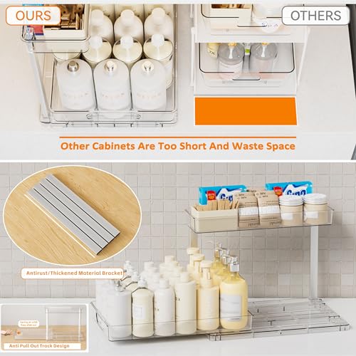 2 Pack 14.6″ Deep Pull Out Under Sink Organizer,10.8″ High 2 Tier Slide Out Cabinet Organizer for Kitchen Cabinet,Undersink Organizers,Under Sink Shelves,Bathroom Organizers and Storage,Clear - view 6