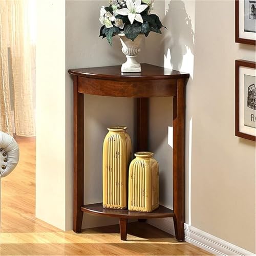 Corner Tables Compact Triangle Solid Wood Side Table Corner Shelf Unit with 2 Shelves Sofa Accent Table for Small Space Little Corner Space Saver(Brown)
