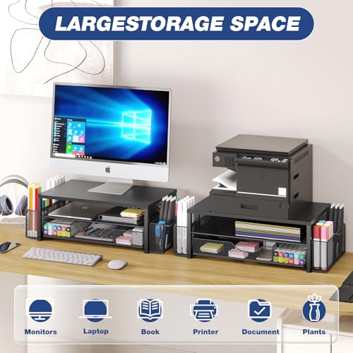 Desk Organizer and Accessories, 2-Tier Computer Monitor Stand Riser with Drawer and 2 Pen Holders, Laptop Stand, Office Desk Accessories for Office Supplies, Black - view 4