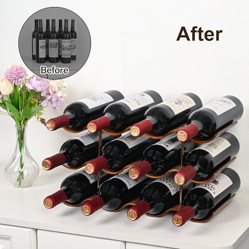 Countertop Wine Rack - 12 Bottle Freestanding Wine Bottle Holder Stand - 3 Tier Wooden Wine Storage Rack - Walnut Wavy Wine Organizer for Cabinet Pantry Home Kitchen Bar - view 2