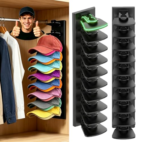 2Pack Upgraded Contour Fit Lock Hat Organizer for Baseball Cap,Hat Rack Strong Adhesive Hat Hangers for Wall Hold Up to 20 Hats,Multi-layer Hat Storage Display for Closet,Door Bedroom-Black