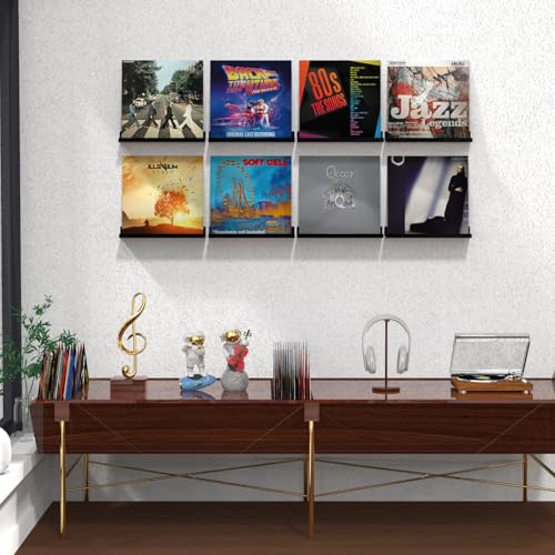 Acrylic Vinyl Record Holder Wall Mount – 8 Pack 12-Inch Floating Vinyl Shelves, Black Record Display Frames for LP Albums & Wall Decor - view 2