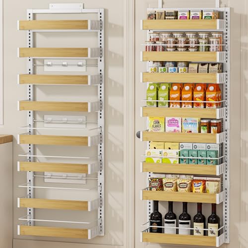 8 Tier Over The Door Pantry Organizer, 2 IN 1 Wall Mount or Hanging Spice Rack Seasoning Shelves with Adjustable Basket, Back of Door Organizer and Storage for Kitchen Cabinet and Room Closet