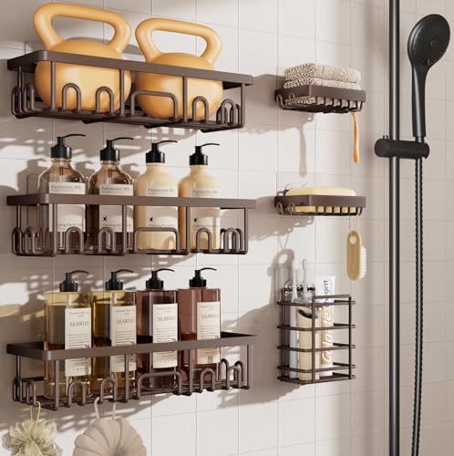 Shower Caddy 6-Pack, No Drilling & Rustproof, Waterproof Adhesive Shelves Rack with Soap Holder, Large Capacity Bathroom Organizers and Storage, Wall-Mounted Kitchen & Home Decor