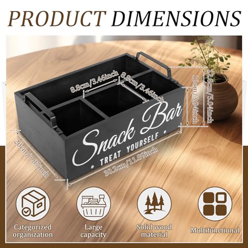 Snack Organizer for Countertop, Wood Pantry Storage Bins with Handles, Snack Bar Organizer for Pantry Shelf, 4 Compartment Food Container Box, Kitchen Storage Organizer for Nut,Chips,Beverage (Black) - view 3