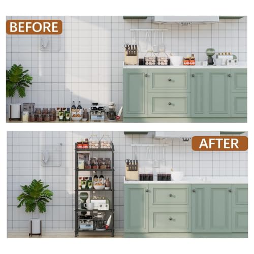 5-Tier Pantry Shelves with Wooden Boards, Heavy Duty Storage Shelves & Book Shelf, Adjustable Metal Shelving Unit for Kitchen Bathroom Laundry Organizer, Sturdy Rust-Resistant, Black - view 6