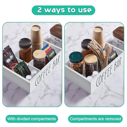 White Coffee Station Organizer with Removable Dividers – Wooden Coffee Bar Countertop Organizer for Pods, Stirrers, Sugar Packets & Lids, Kitchen, Office, Café Use - view 2