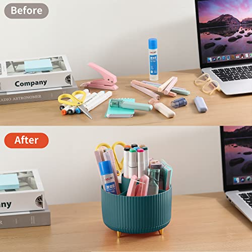Desk Pencil Pen Holder, 5 Slots 360°Degree Rotating Pen Organizers for Desk, Desktop Storage Stationery Supplies Organizer, Cute Pencil Cup Pot for Office, School, Home, Art Supply, Dark Green - view 4