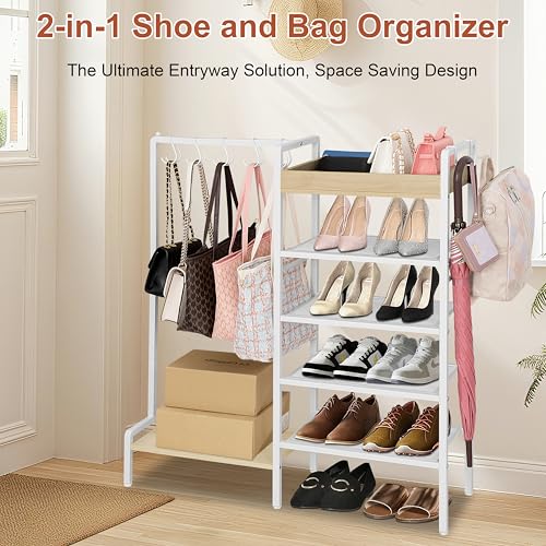 2-in-1 White Shoe Rack for Closet with Purse Organizer, 5-Tier - view 3