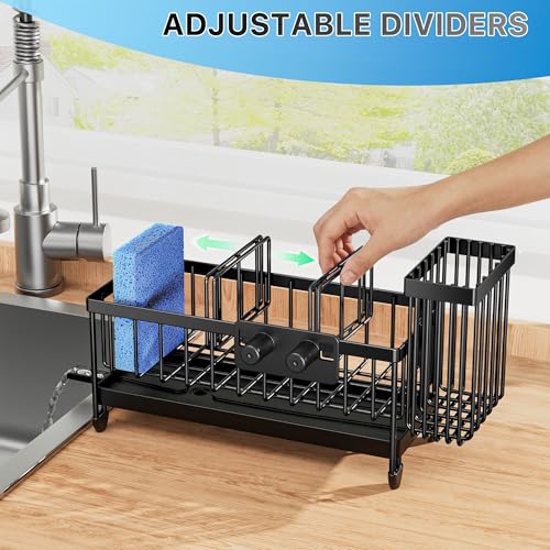 Sponge Holder for Kitchen Sink, Sink Caddy Organizer with High Brush Holder, Kitchen Countertop Organizers and Storage Essentials, Rustproof 304 Stainless Steel (Black with Smiley Face, 9.25″) - view 5