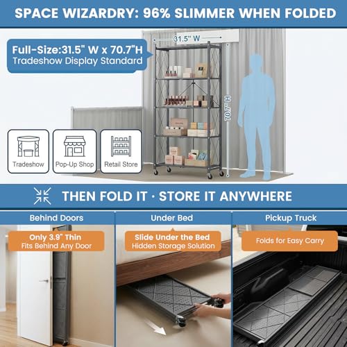 70.7" H Metal Storage Shelves, 5 Tier Folding Storage Shelves on Wheels - view 6