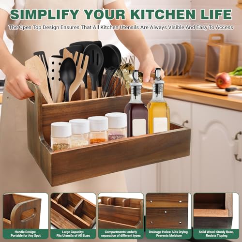 Kitchen Utensil Holder for Countertop with 4 Compartments Acacia Large Utensil Holder Wooden Storage for Cooking,Baking,Flatware Tool Kitchen Utensil Organizer - view 4