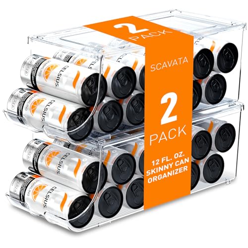 2 Pack Skinny Can Organizer for Refrigerator, Stackable Tall Skinny Soda Pop Can Holder Dispenser with Lid for Fridge Pantry Rack Freezer, Clear Plastic Storage Bins-Holds 12 Slim Cans Each