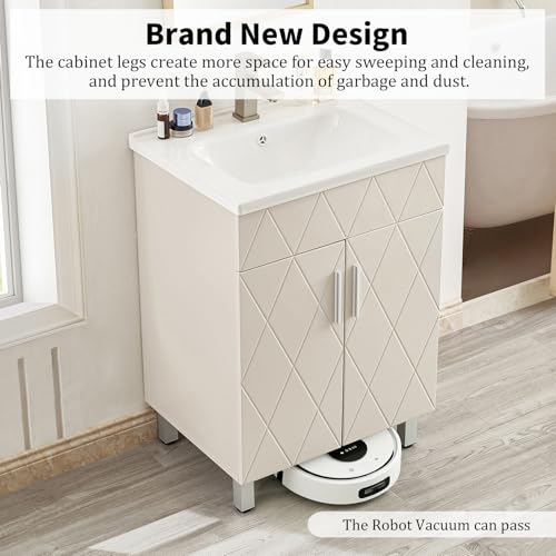 Bathroom Vanity with Sink 24 Inch, Modern Bathroom Cabinet with Diamond Pattern Doors, Ceramic Sink, Metal Legs, Small Bathroom Storage Vanity(Light Gray) - view 5