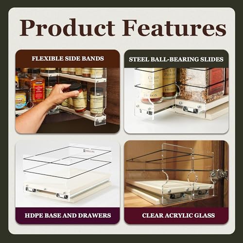 Large Pullout Sliding Spice Rack Organizer - 2 Individual 1 Tier Drawers - Premium Rolling Seasoning Holder/Caddy for Hidden Pantry Storage - Made in USA (6.9''W x 5.0" H x 10.6''D) - view 4