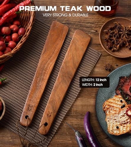 12" Teak Wooden Spatula for Cooking, 2Pcs Wood Turner Scraper for Cast Iron - view 4