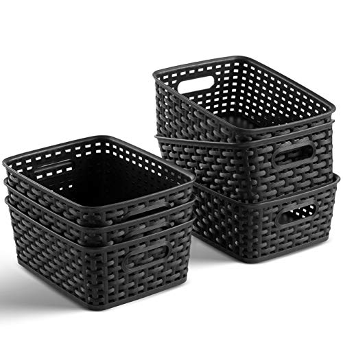 Set of 6 Plastic Storage Baskets - Small Pantry Organizer Basket Bins - Household Organizers with Cutout Handles for Kitchen Organization, Countertops, Cabinets, Bedrooms, and Bathrooms